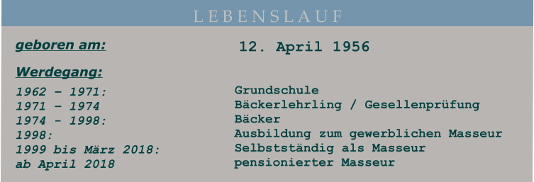 L E B E N S L A U F 12. April 1956   Grundschule Bäckerlehrling / Gesellenprüfung Bäcker Ausbildung zum gewerblichen Masseur Selbstständig als Masseur pensionierter Masseur      geboren am: Werdegang: 1962 – 1971: 1971 – 1974 1974 - 1998: 1998: 1999 bis März 2018: ab April 2018